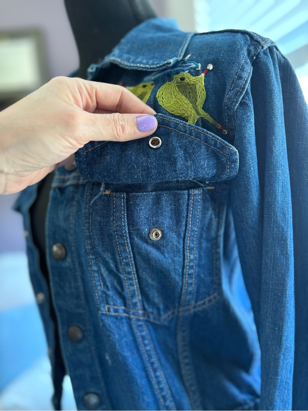 Embroidered Upcycled Dark Blue Denim Jacket w Snap Closure - Unique Handmade - Picture 14 of 14